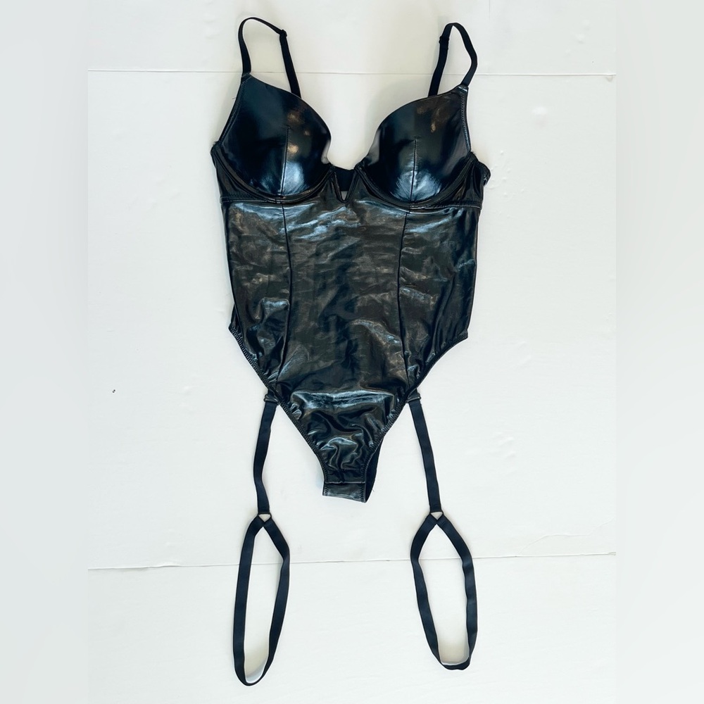 Black Faux Patent Leather Bodysuit Costume